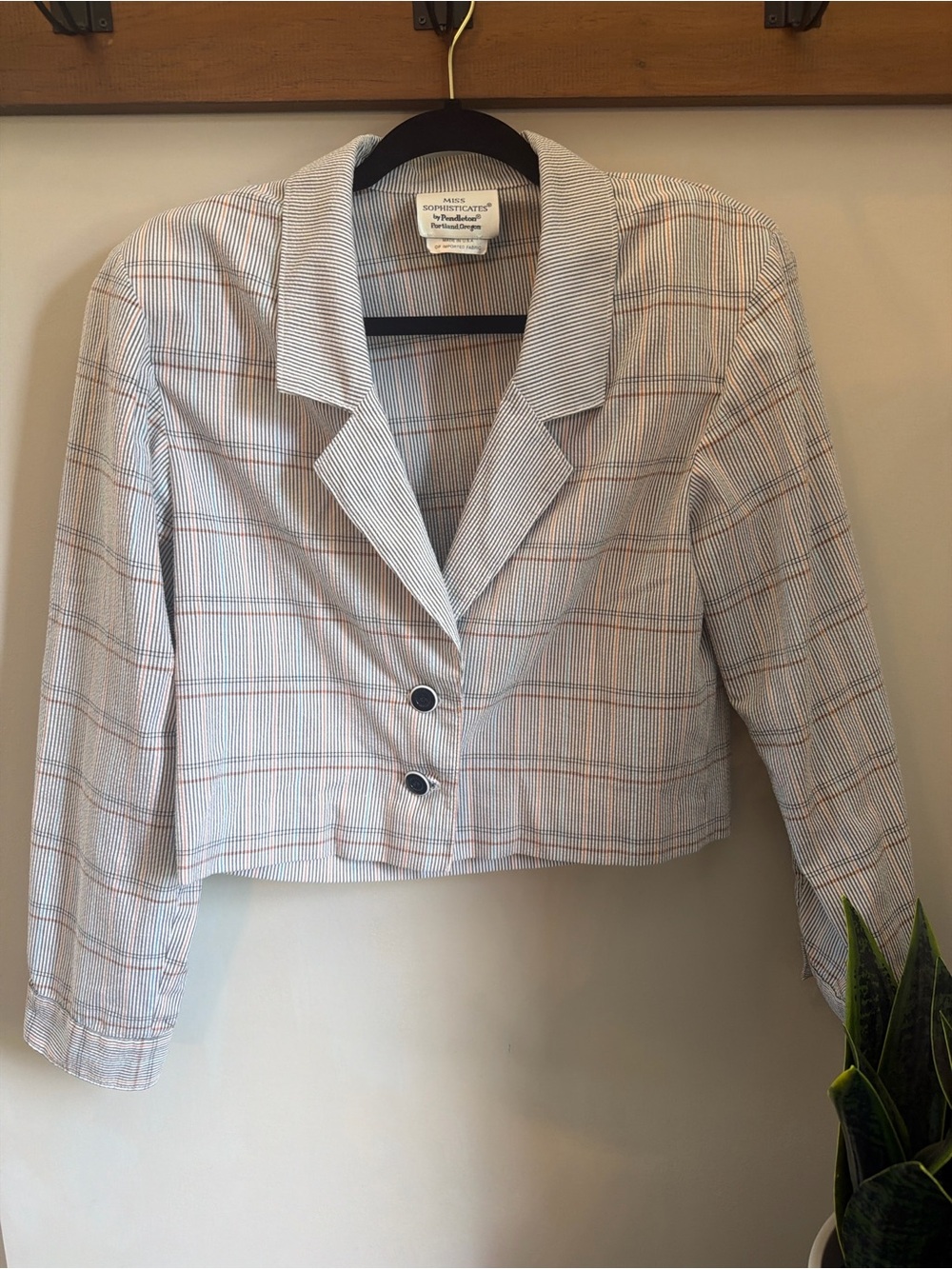 Pendleton Light Gray Plaid Cropped Blazer with Subtle Tan and Blue Lines